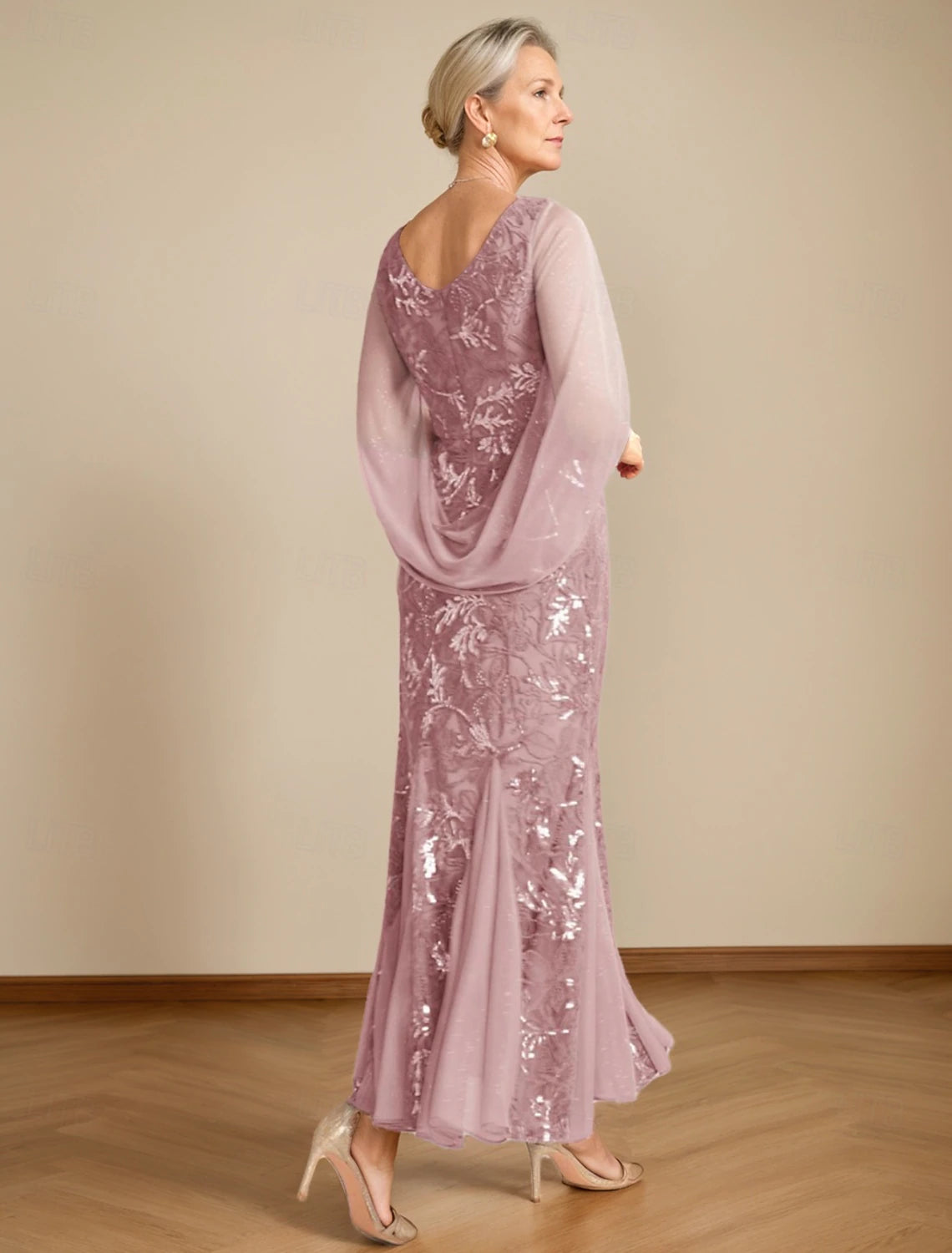 Buyishang A-Line Dress Mother of the Bride Dress Elegant V Neck Ankle Length Chiffon Half Sleeve with Lace Solid Color free custom size